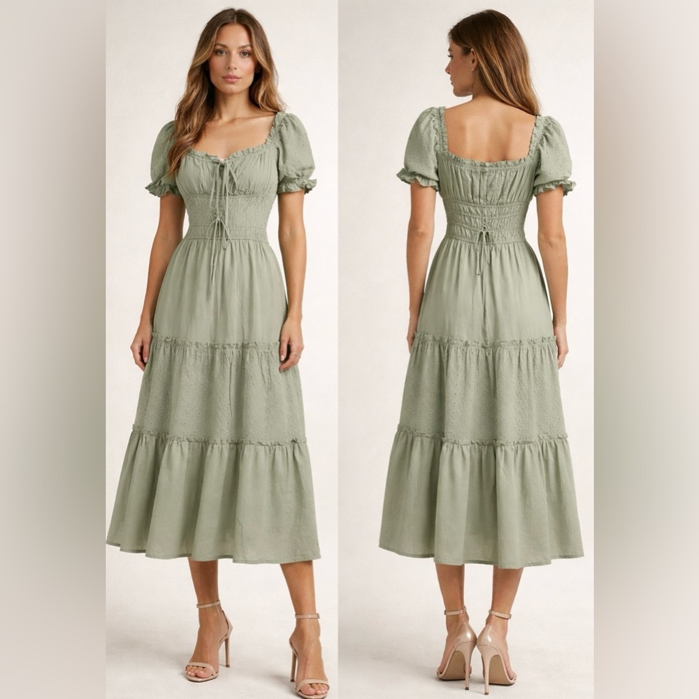BY THE RIVER Dress Green Midi Boho Puff Sleeves Corset Elastic Back Sz Med NWOT